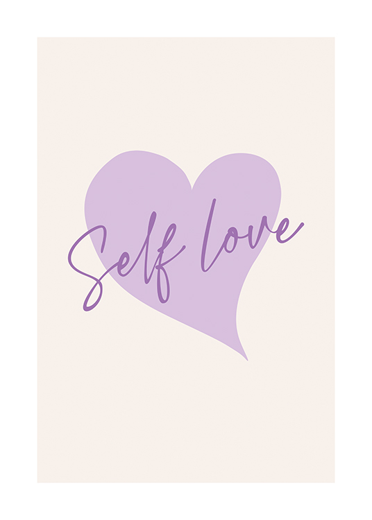  – Zitatbild mit dem Text „self love“ auf einem zartlila Herz