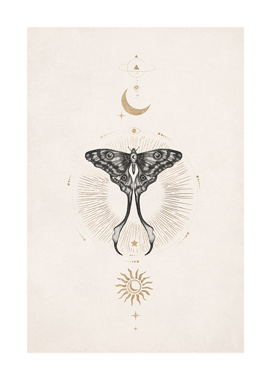  – Symmetrisches Poster, das einen Mond, eine Sonne und einen Schmetterling zeigt