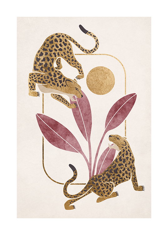  – Illustration von zwei Leoparden vor einem Hintergrund mit Savannenthema