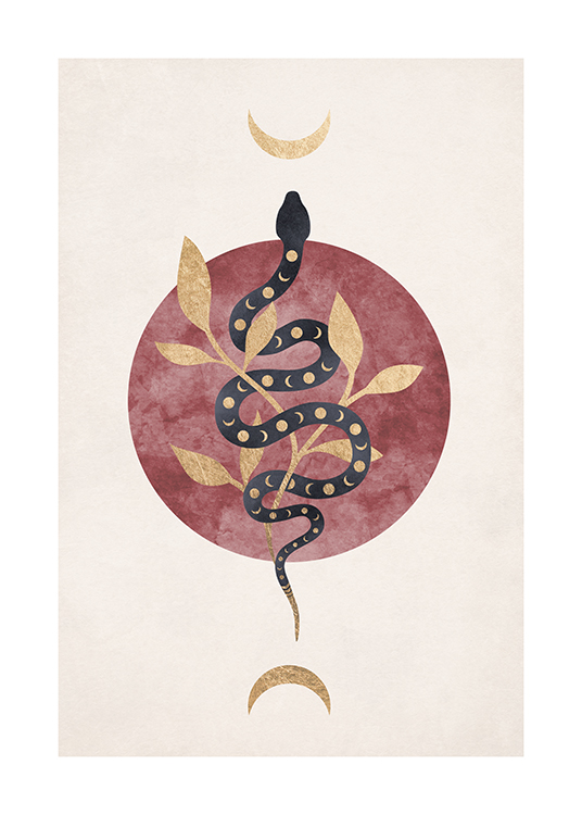  – Poster, das eine Schlange zwischen zwei Mondsicheln zeigt