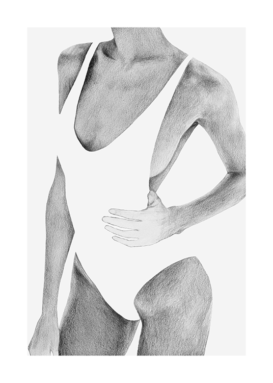  – Schwarz-weiß-Bild einer Frau in einem weißen Badeanzug