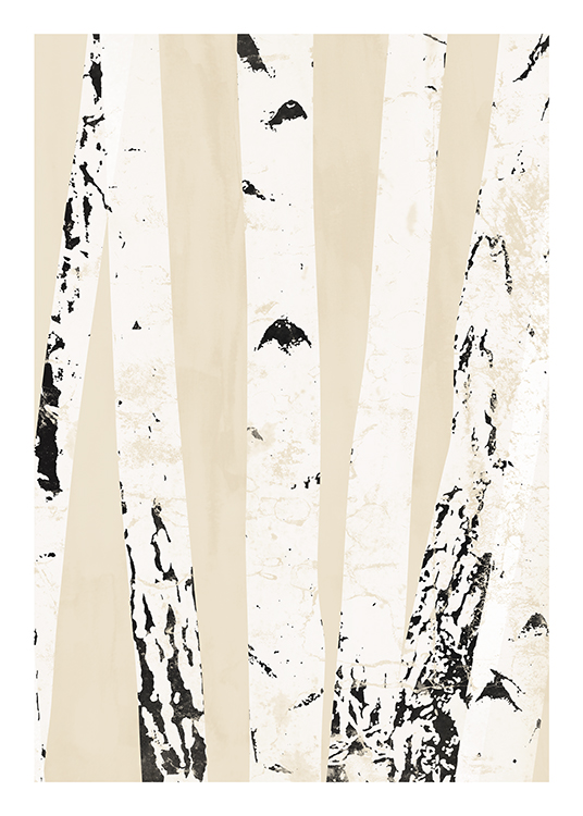  – Illustration einer Gruppe von Birkenstämmen in Weiß und Schwarz vor beigem Hintergrund