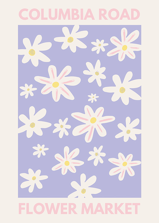  – Grafische Illustration, die ein Blumenmuster mit weißen Blüten auf violettem Hintergrund zeigt