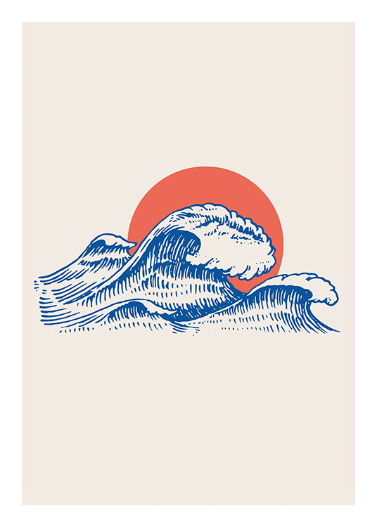 – Illustration, die blaue Meereswellen vor einer Sonne auf beigem Hintergrund zeigt