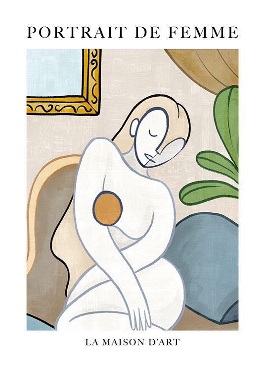  – Abstrakte Illustration mit einem Porträt einer nackten Frau in Weiß und Beige