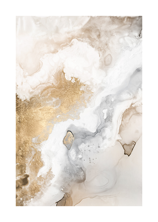  – Abstrakte Malerei in Weiß, Beige und Gold mit fließenden Farben