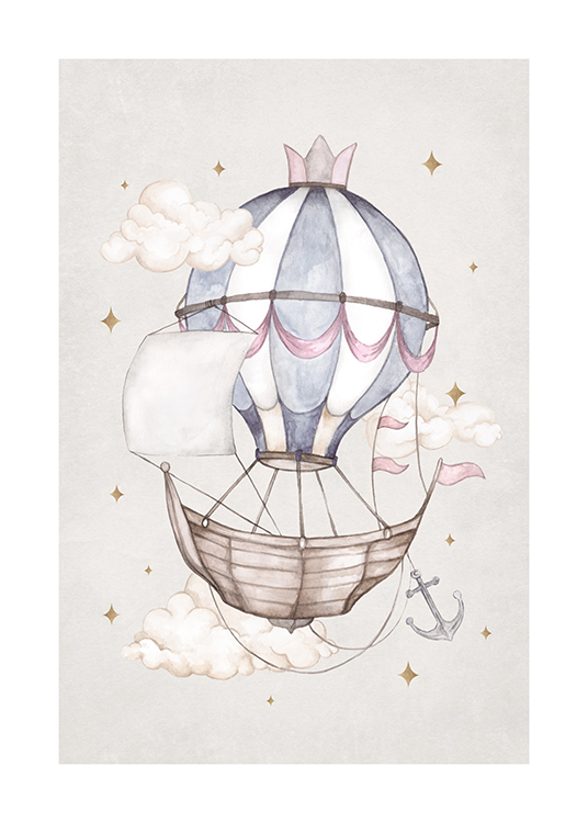  – Illustration mit einem Boot, das an einem blauen Heißluftballon befestigt ist, umgeben von Wolken und Funkeln