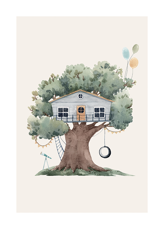  – Illustration, die ein blaues Haus in einem grünen Baum mit einer Schaukel und Luftballons vor hellbeigem Hintergrund zeigt