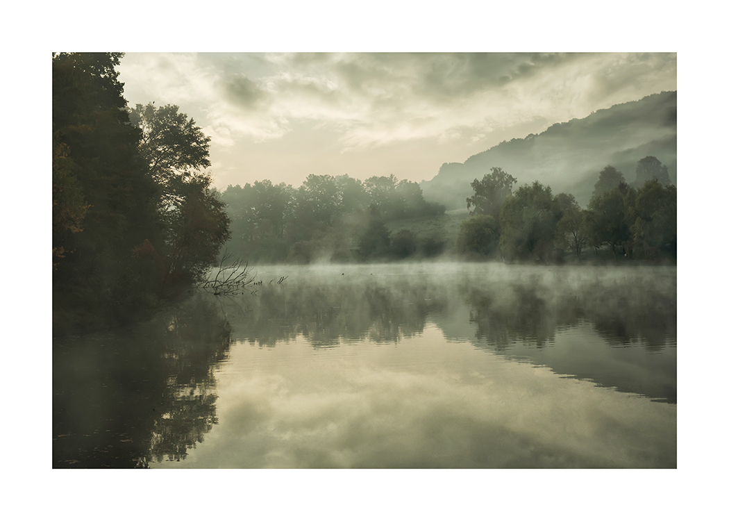  – Fotografie eines nebelverhangenen Sees mit stillem Wasser und einem Wald im Hintergrund