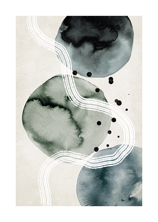  – Illustration mit gemalten Tintenkreisen und einem weißen Strudel vor einem Hintergrund in Beige