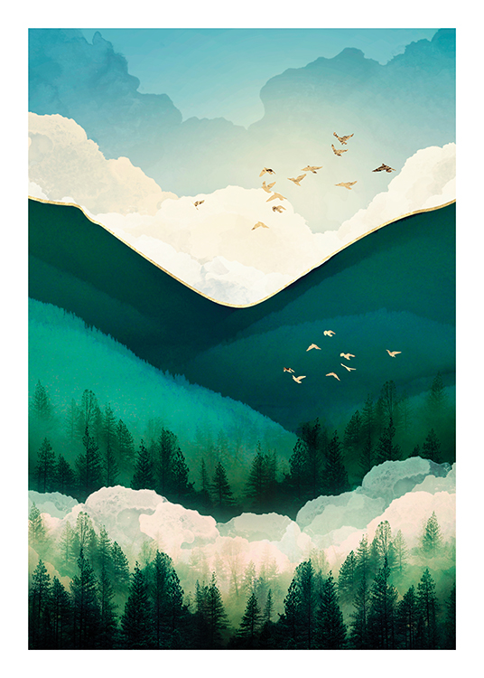 – Grafische Illustration mit grünen Hügeln, Bäumen und weißen Wolken sowie goldenen Vögeln, die am Himmel fliegen