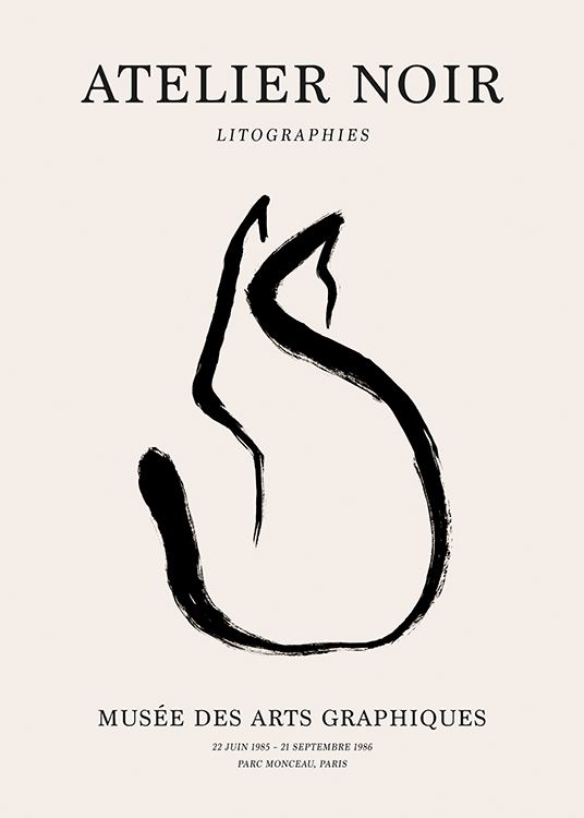  – Line-Art-Illustration einer schwarzen abstrakten Katze auf einem beigen Hintergrund mit Text am oberen und unteren Bildrand