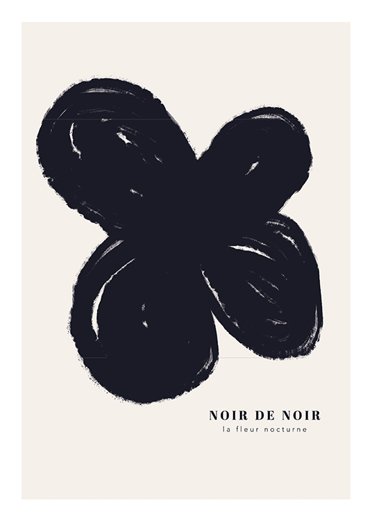  – Illustration einer abstrakten Blume in Schwarz auf hellbeigem Hintergrund und mit Text darunter