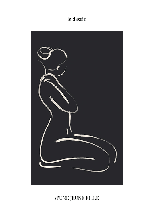  – Illustration mit einer nackten Frau auf ihren Knien, gezeichnet in Line Art auf schwarzem und hellem Hintergrund