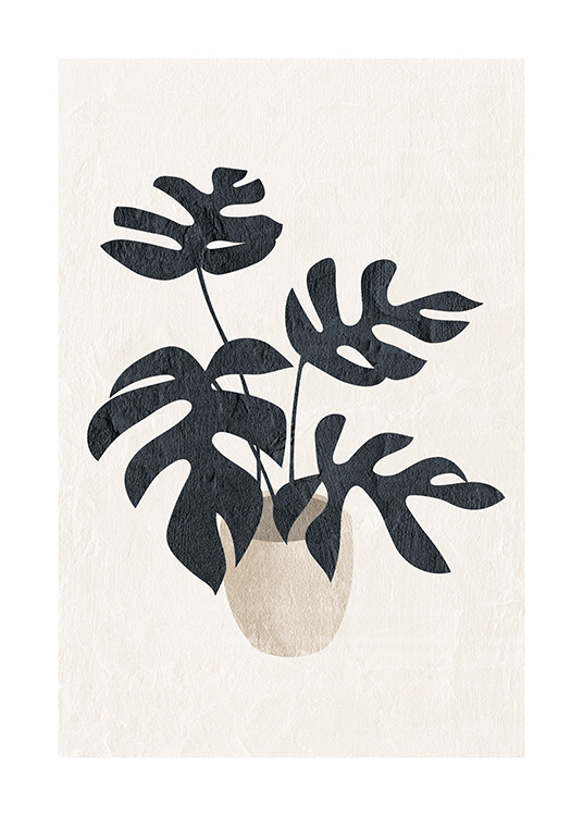  – Illustration eines dunkelgrauen Monstera Philodendron/Monstera Tetrasperma in einem beigen Topf vor hellbeigem Hintergrund