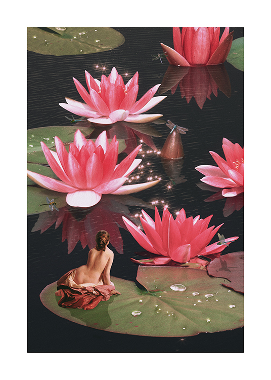  – Illustration mit rosa Seerosen, die im schimmernden Wasser treiben und mit einer Frau, die auf einem Seerosenblatt sitzt