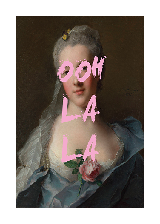  – Malerei mit dem Porträt einer Frau in einem blauen Kleid mit pinkfarbenem Text in der Mitte