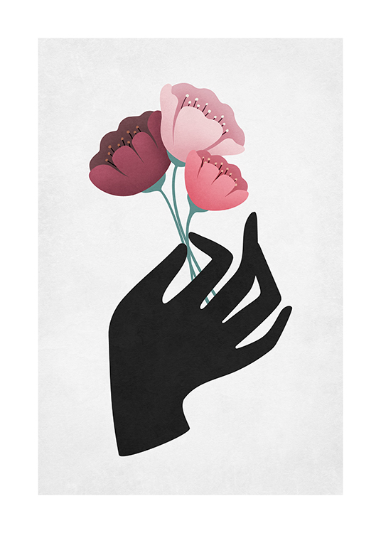  – Illustration von drei rosa Blumen, die von einer schwarzen Hand vor einem hellgrauen Hintergrund gehalten werden