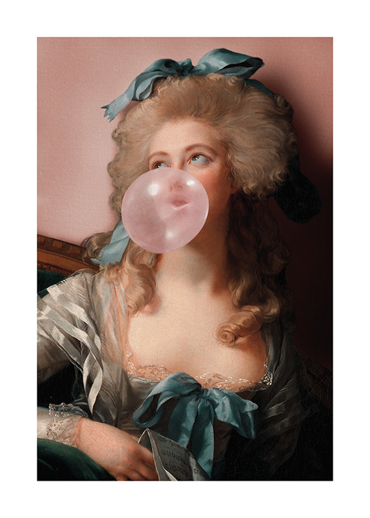  – Porträt einer Frau mit einer Schleife im Haar, die eine rosa Kaugummiblase bläst