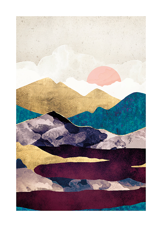 – Illustration mit goldenen und blauen Bergen hinter einem dunkelroten See, mit einem beigen Himmel im Hintergrund