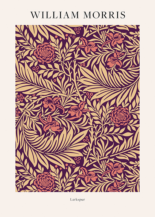  – Illustration mit rosa Blüten und beigefarbenen Blättern vor dunkelviolettem Hintergrund