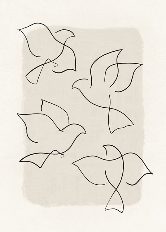  – Line-Art-Illustration mit Vögeln in Schwarz vor einem beigen Hintergrund mit Struktur