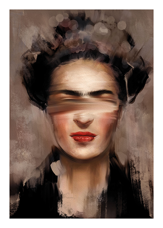  – Malerei mit einem abstrakten Porträt von Frida Kahlo mit roten Lippen vor einem beigen und braunen Hintergrund