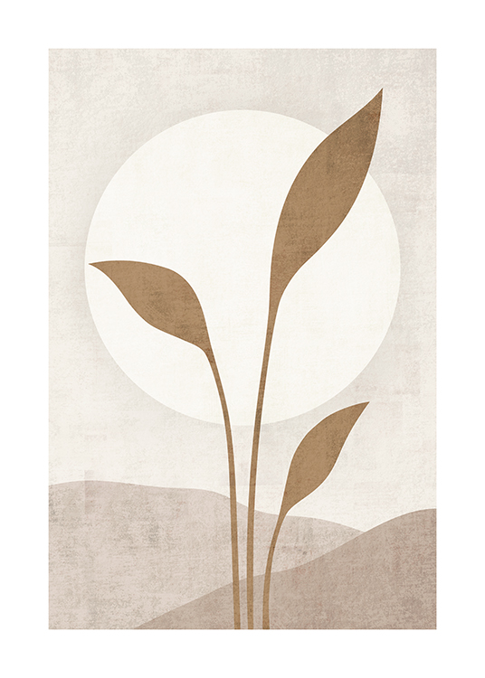  – Illustration mit einer weißen Sonne hinter beigen Blättern, vor beigefarbenem Hintergrund