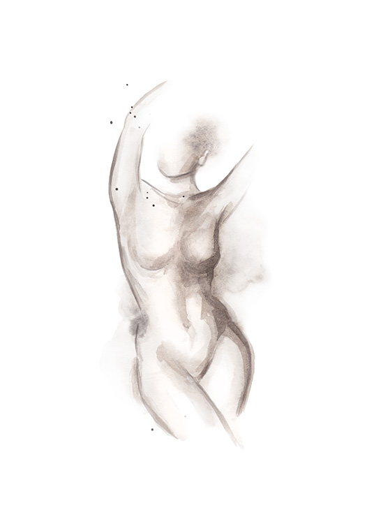  – Skizze eines weiblichen, nackten Körpers mit nach oben gestreckten Armen vor weißem Hintergrund
