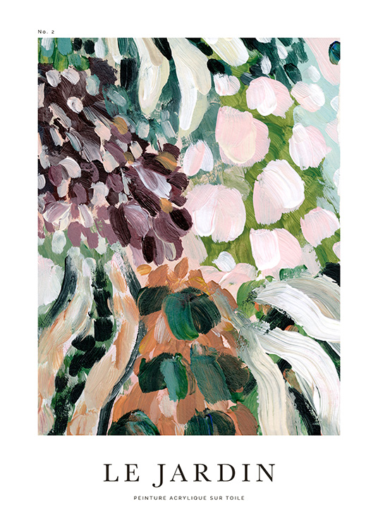  – Gemälde mit abstrakten Blütenblättern in verschiedenen Farben und Text auf dem oberen und unteren Rand