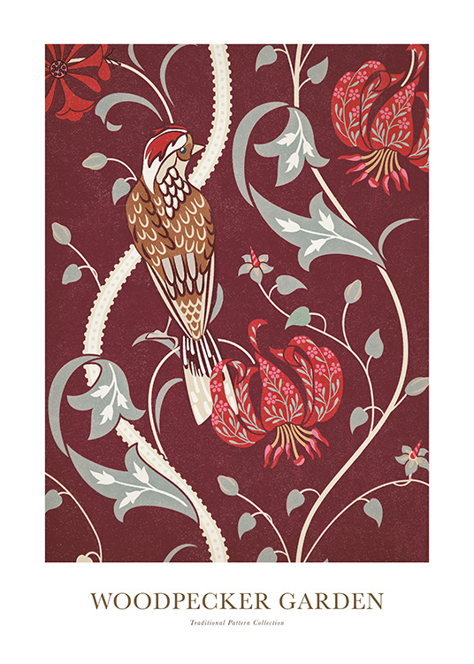 – Grafik mit kleinem Vogel und rot-grauem Blumenmuster vor rotem Hintergrund