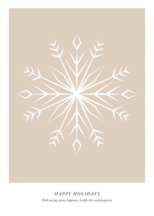 – Grafik mit einer weißen, abstrakten Schneeflocke vor beigefarbenem Hintergrund mit Text unter dem Bild