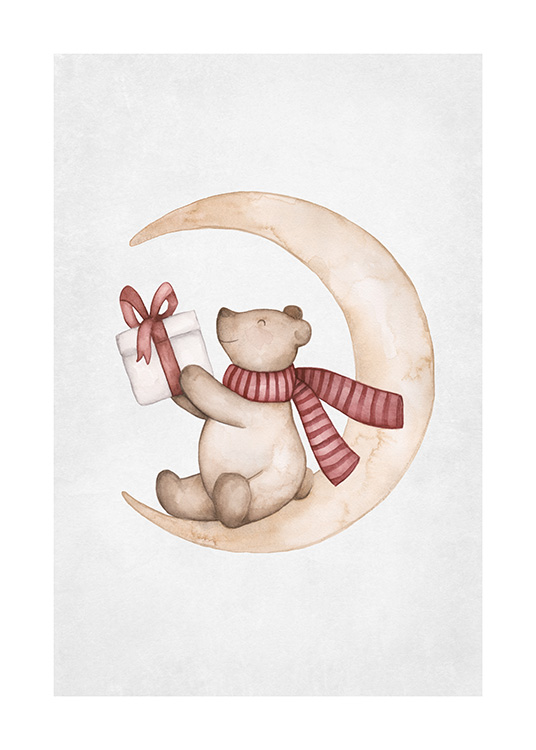 – Grafik eines kleinen Bären mit rotem Schal, der in der Mondsichel sitzt und ein Weihnachtsgeschenk hält