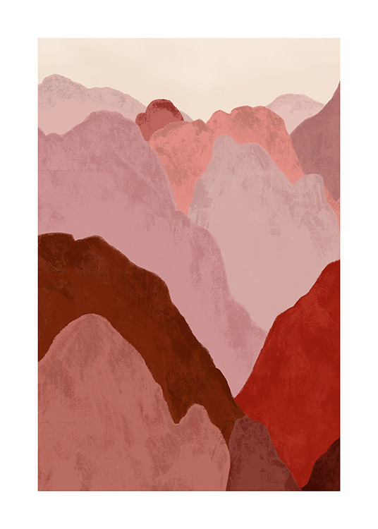  – Grafik mit einer abstrakten Berglandschaft in Rosa und Rot