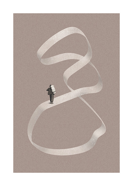  – Grafik mit einem Mann, der vor grauem Hintergrund auf einem sich schlängelnden Band entlanggeht