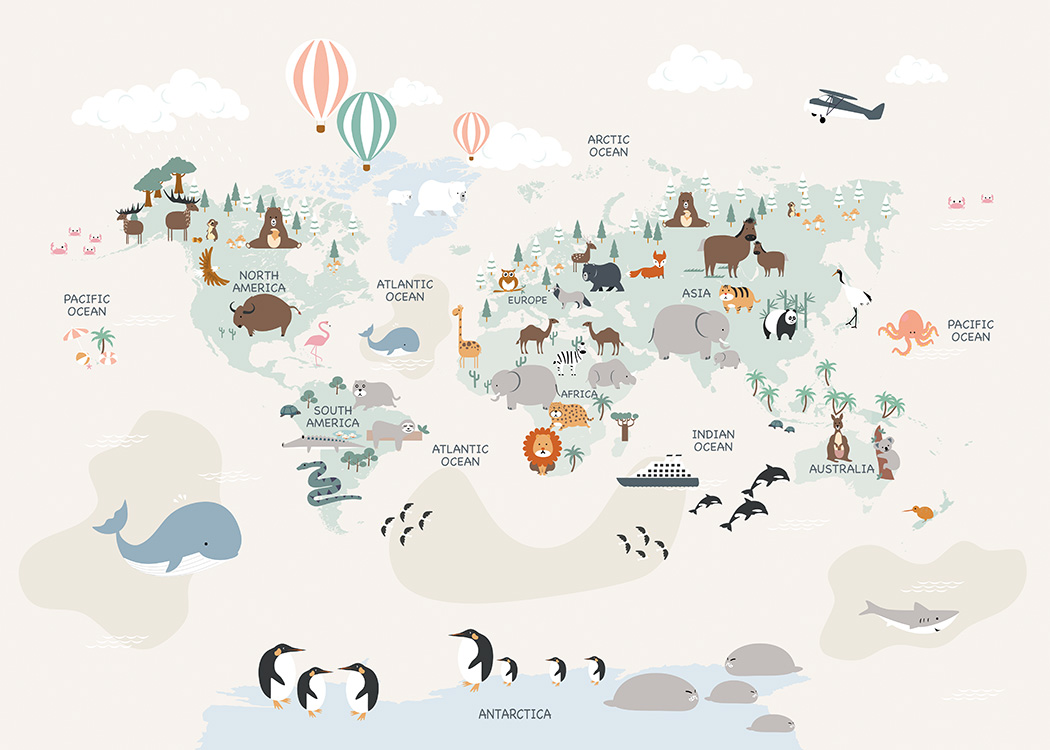  – Grafik mit einer Weltkarte und mit Tieren auf den Kontinenten