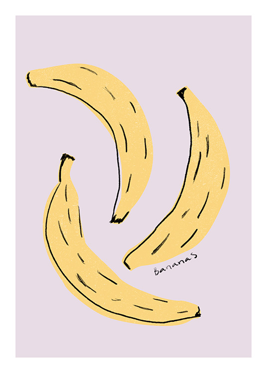  – Grafik mit drei gelben Bananen vor violettem Hintergrund und Text in schwarzer Schrift
