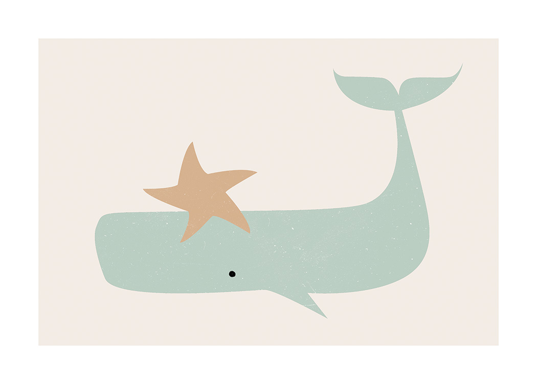  – Grafik mit einem beigefarbenen Stern und einem grünen Wal vor hellbeigefarbenem Hintergrund