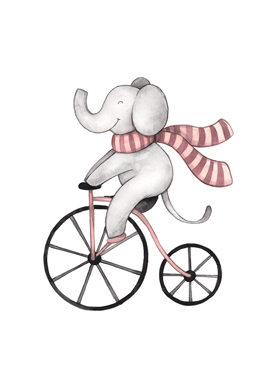  – Aquarellgrafik, auf der ein lächelnder grauer Elefant mit gestreiftem Schal Fahrrad fährt