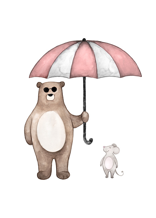  – Aquarellgrafik, auf der eine kleine Maus und ein Bär mit Sonnenbrille unter einem Schirm stehen