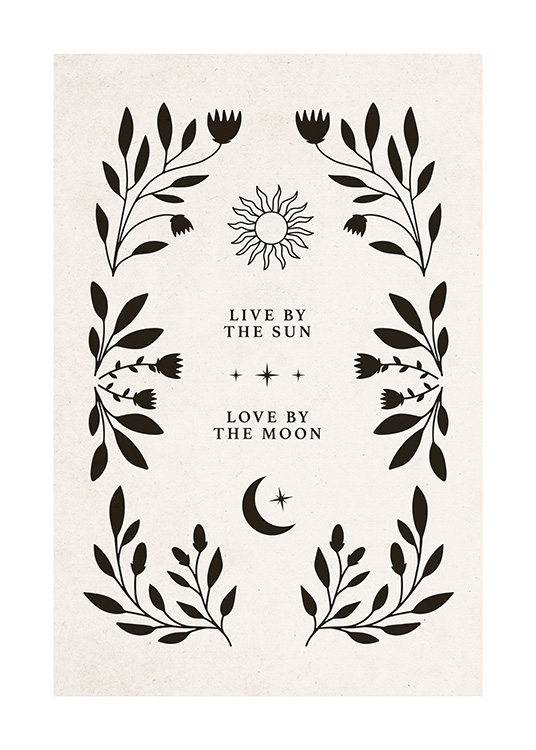  – Grafik mit Text, Sonne und Mond, umrahmt von schwarzen Blättern und Blüten