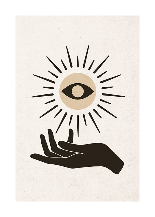  – Grafik mit einer Sonne, in deren Mitte sich ein Auge befindet, und mit einer schwarzen Hand darunter