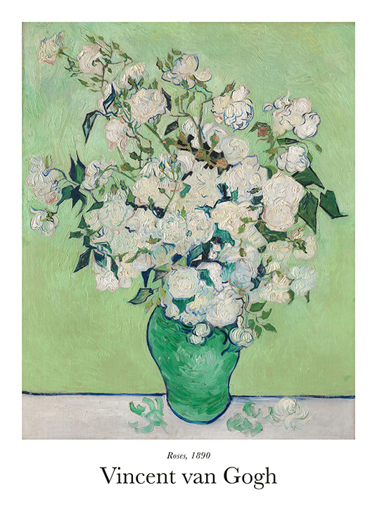  – Gemälde mit einem großen Strauß weißer Rosen in einer grünen Vase vor grünem Hintergrund
