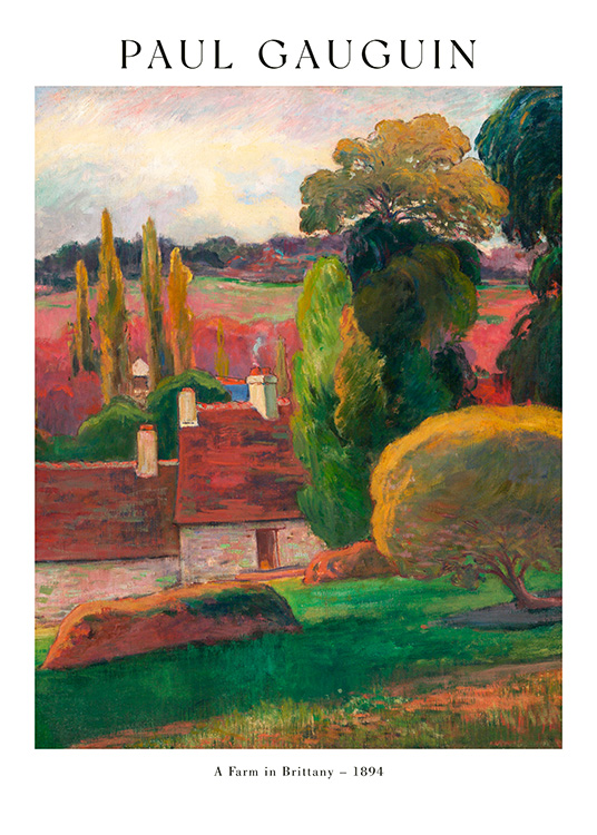  – Gemälde einer farbenfrohen Landschaft in Rot und Grün mit zwei Häusern in der Bildmitte