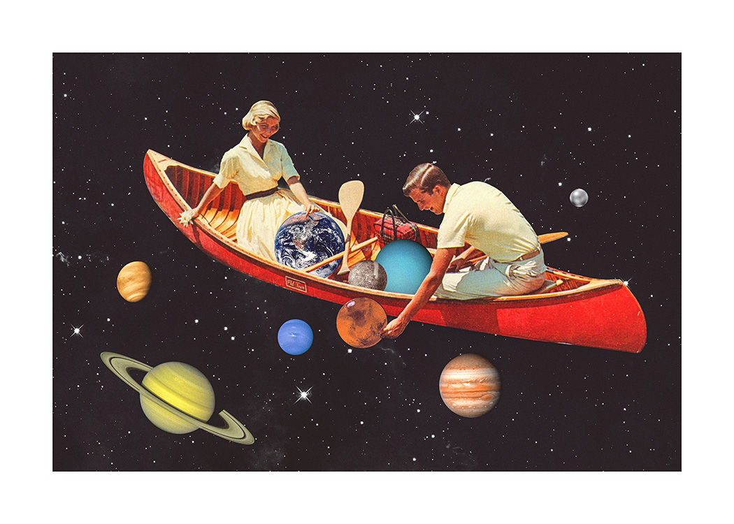  – Grafik mit einer Frau und einem Mann im roten Kanu, das vom Weltraum und von Planeten umgeben ist