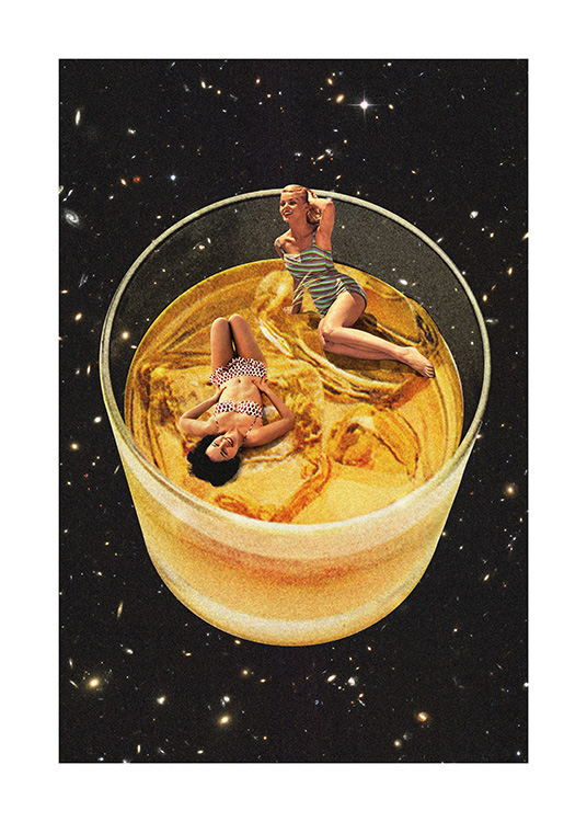 – Grafik mit einem Glas Whisky im Weltraum und zwei Frauen, die in Vintage-Badeanzügen im Glas sitzen