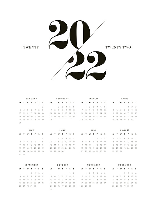  – Jahreskalender 2022 mit Monaten und Tagen in schwarzer Schrift vor weißem Hintergrund