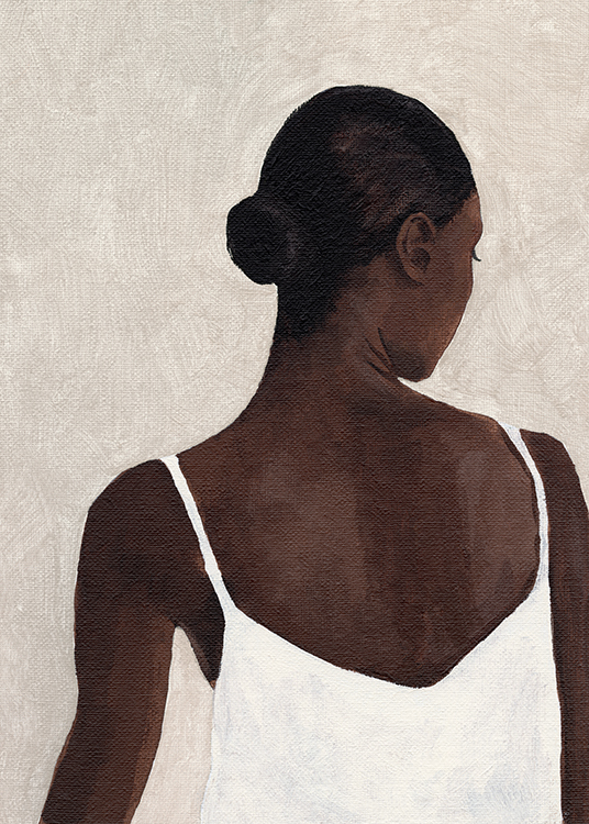 – Acrylmalerei, die eine Frau in einem weißen Kleid mit dunklem Haar vor einem beigen Hintergrund zeigt