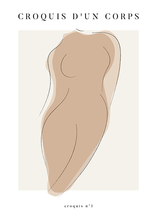 – Illustration eines beigefarbenen, nackten Körpers mit schwarzen Konturen und Text oben und unten