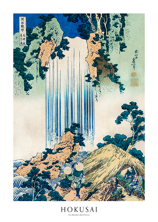 – Malerei von Hokusai mit einem blauen Wasserfall in einer abstrakten Landschaft und Text darunter